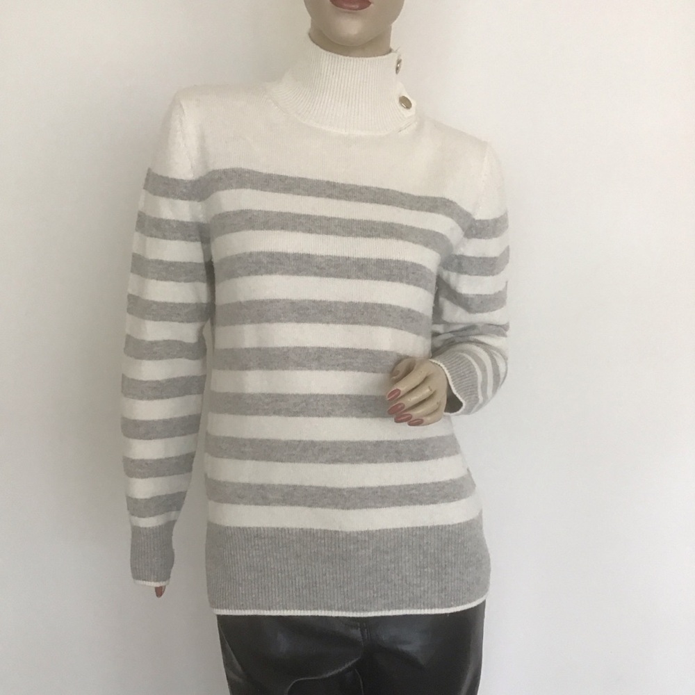 Massimo Dutti Italian Cream Gray Wool Blend Striped Funnel Neck Sweater M